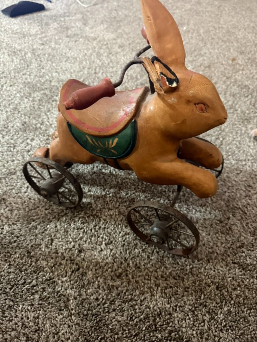 Antique Vintage Easter Rabbit Pull Toy | Composition Bunny on Metal Tricycle Whe